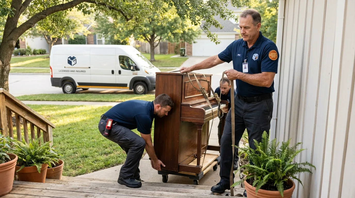 Licensed piano movers securing grand piano in Findlay, OH