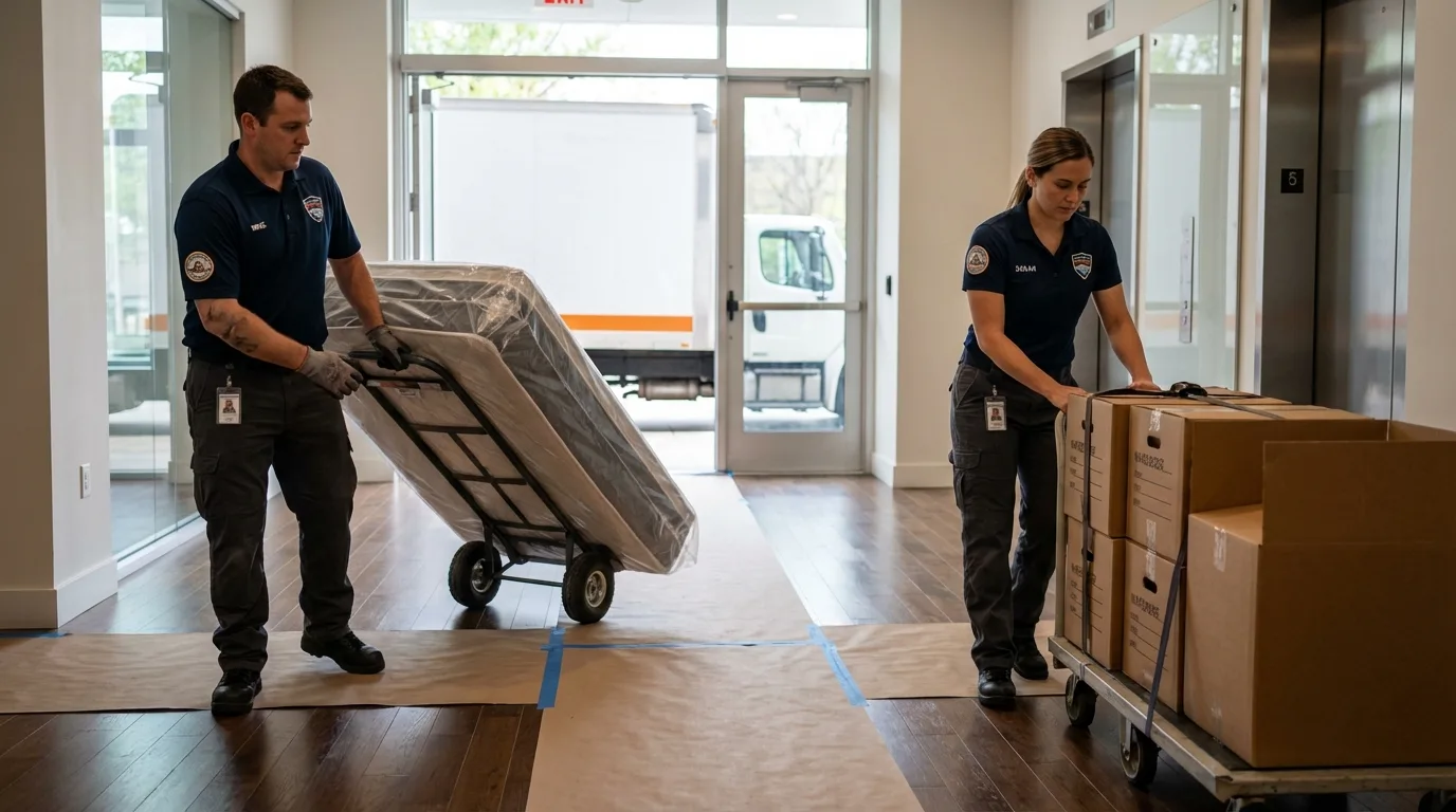 Professional apartment movers loading elevator in Findlay, OH
